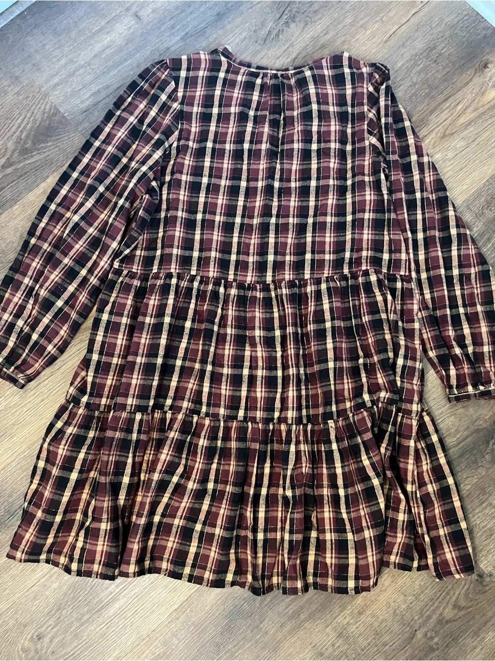 Time and Tru Burgundy & Brown Plaid Tiered Long-Sleeve Shirtdress Prairie - Picture 11 of 13